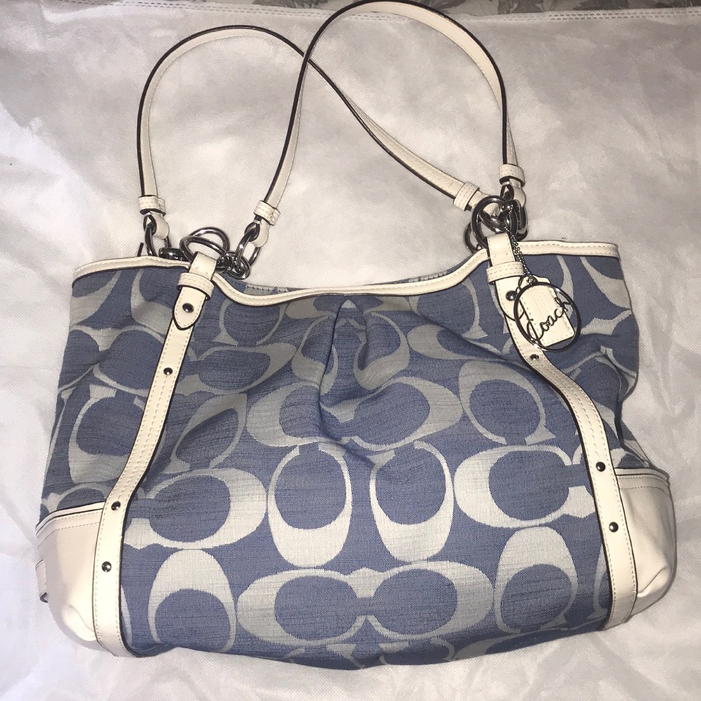 Coach tote denim blue and white